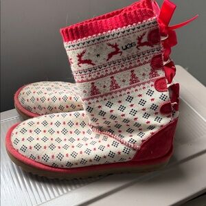 UGG Festive Red and Cream Knit Boots